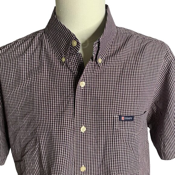 Chaps Button Down Short Sleeve Shirt L Blue Checkered Easy Care Pocket Cotton - Picture 2 of 6